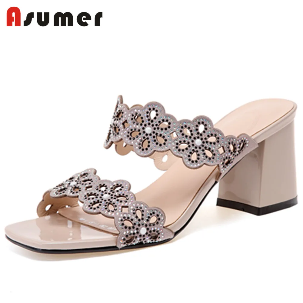 

ASUMER 2018 fashion new arrivals summer woman cow suede shoes floral strap square heels sandals women nude