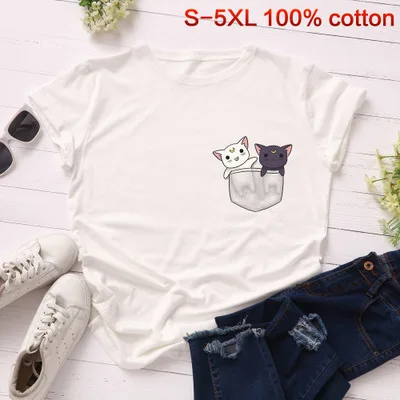 SINGRAIN/женская футболка с милым рисунком котенка из мультфильма, модные топы с карманом и котом из хлопка, большие размеры, футболка с принтом животных kawaii, Новинка - Цвет: white