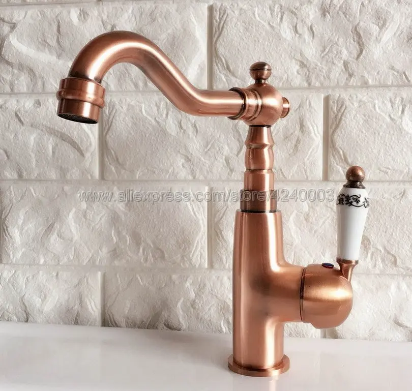 

Antique Red Copper 360 Swivel Bathroom Faucet Cold and Hot Water Mixer Single Handle Tap Knf411