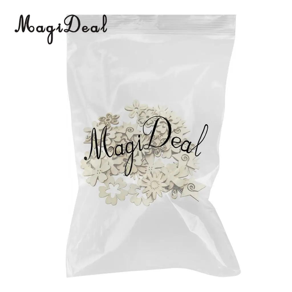 MagiDeal 50 Pieces Mixed Natural Wood Flower Shapes Embellishment Craft Scrap Booking Card Sign Making for Party Decor Favor 
