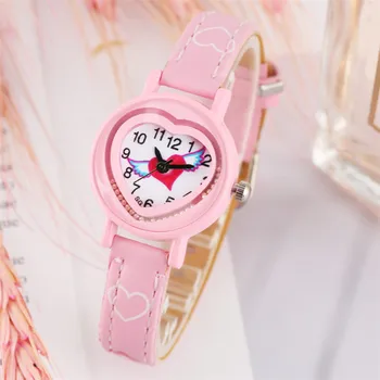 

Unique Rolling Ball Heart Shape Dial Quartz Watches for Girls Leather Wristwatch Elegant Princess Kids Watch Children's Clock
