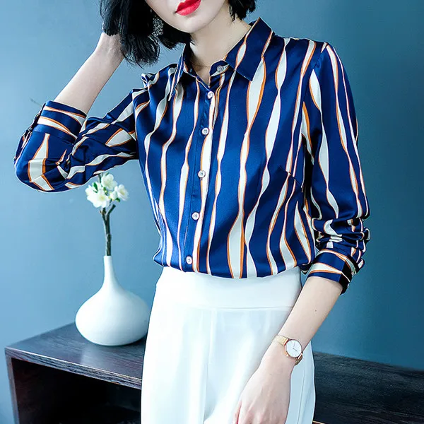 Полосатая блузка из натурального шелка Для женщин рубашка с длинными рукавами женские офисные топы и блузки, весна, лето, корейская мода, Костюмы XQ036 - Цвет: Синий
