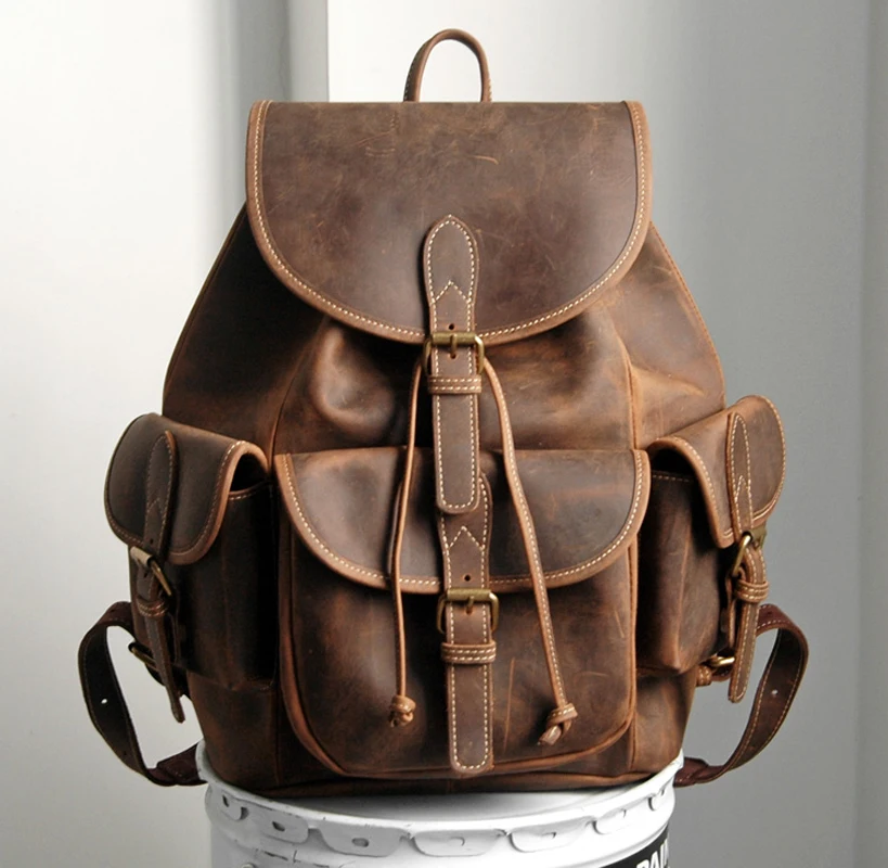 Vintage Crazy Horse Genuine Leather Backpacks Men&#39;s Backpack Saddle Travel Backpack school bag ...