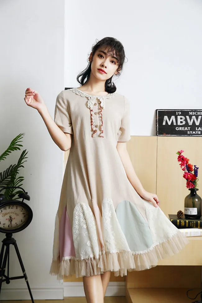 Japan Mori Girl Summer Peterpan Collar Stitching Retro Mori Girl Multi