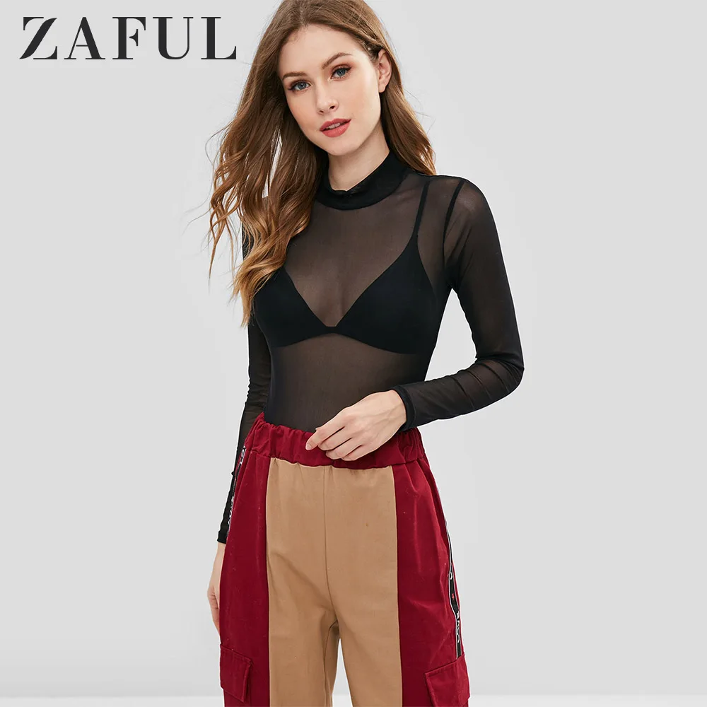 

ZAFUL See Through Voile Top Stand-Up Collar Women Long Sleeve T-Shirts Sexy Perspective Hollow Out Party Tops 2019 Autumn