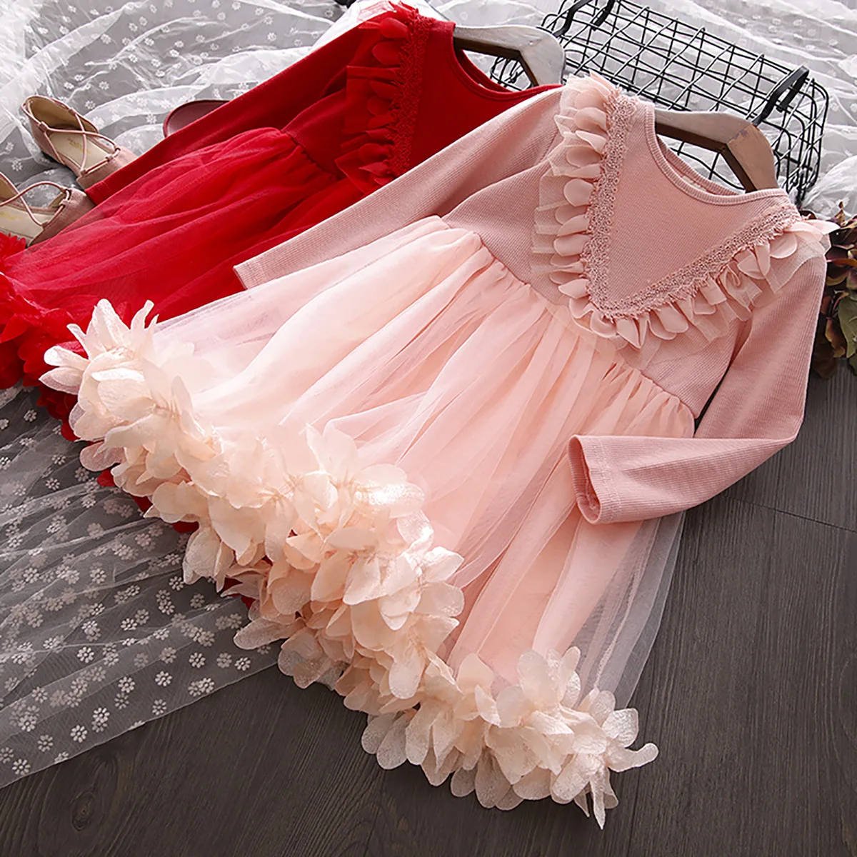 Girl Dress Petal Mesh Tutu Spring Autumn Princess Dresses 1-8 Years