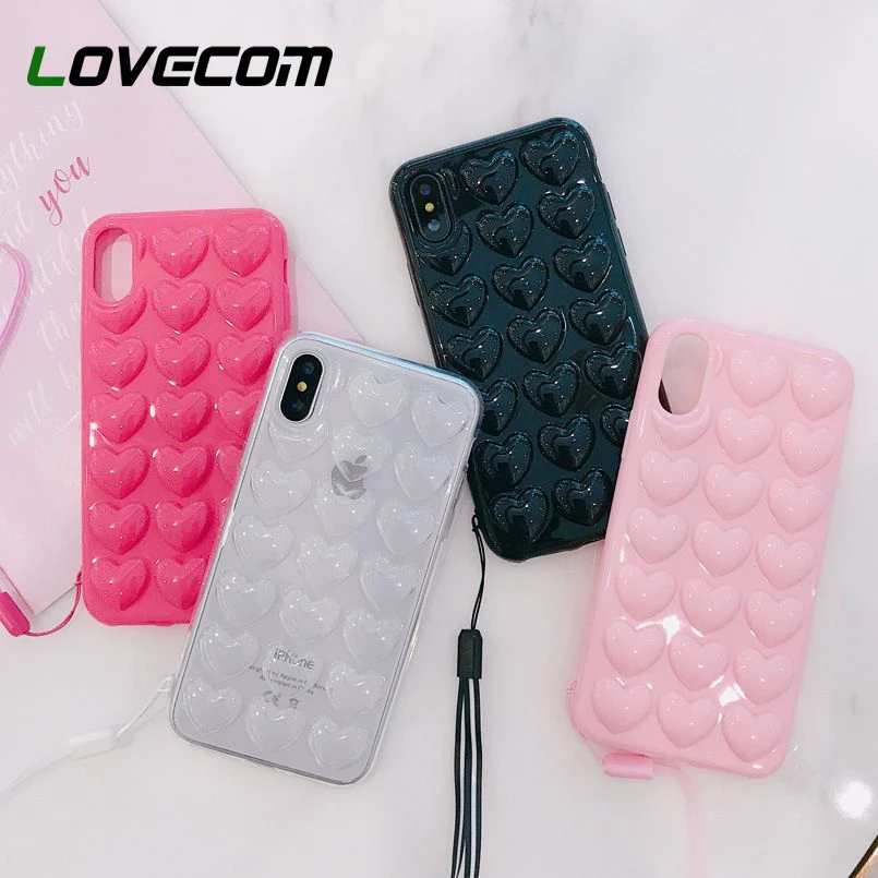 LOVECOM 3D Love Heart чехол для телефона для iPhone 11 Pro Max XR XS Max 7 8 6 Plus чехол из мягкого ТПУ, конфетный цветной чехол для телефона с ремешком