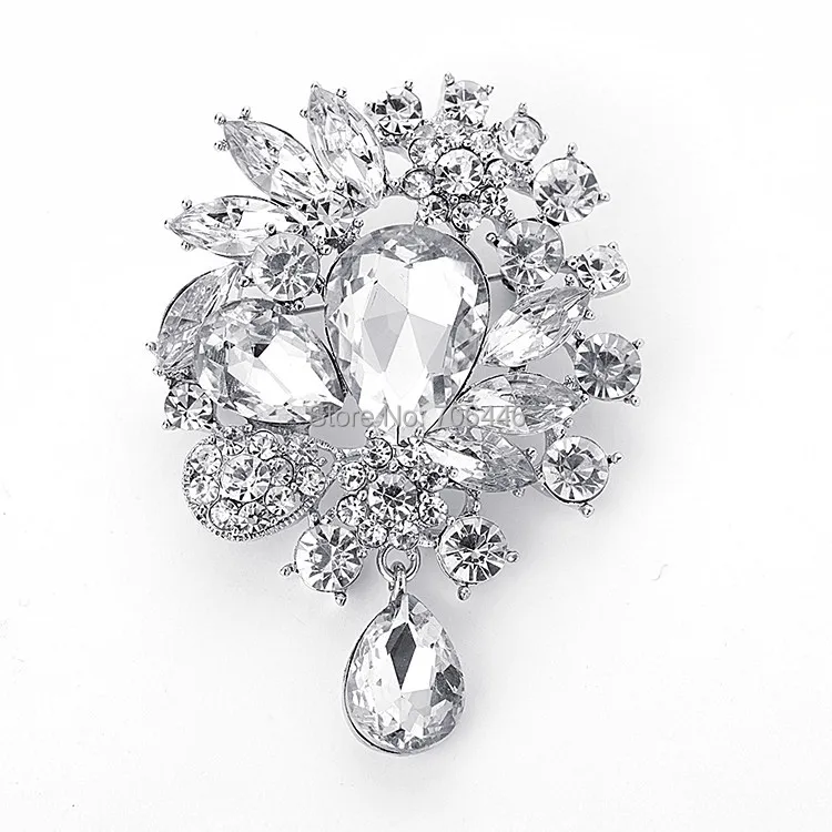 

Vintage Silver Tone Clear Rhinestone Crystal Diamante Drop Crystal Bridal Brooch