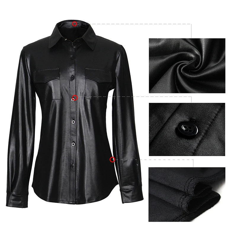Kostlich Sexy Pu Leather Long Sleeve Blouse Women Shirts Fashion Spring Autumn Women Tops Black Red Ladies Blouses Casual Shirt (17)