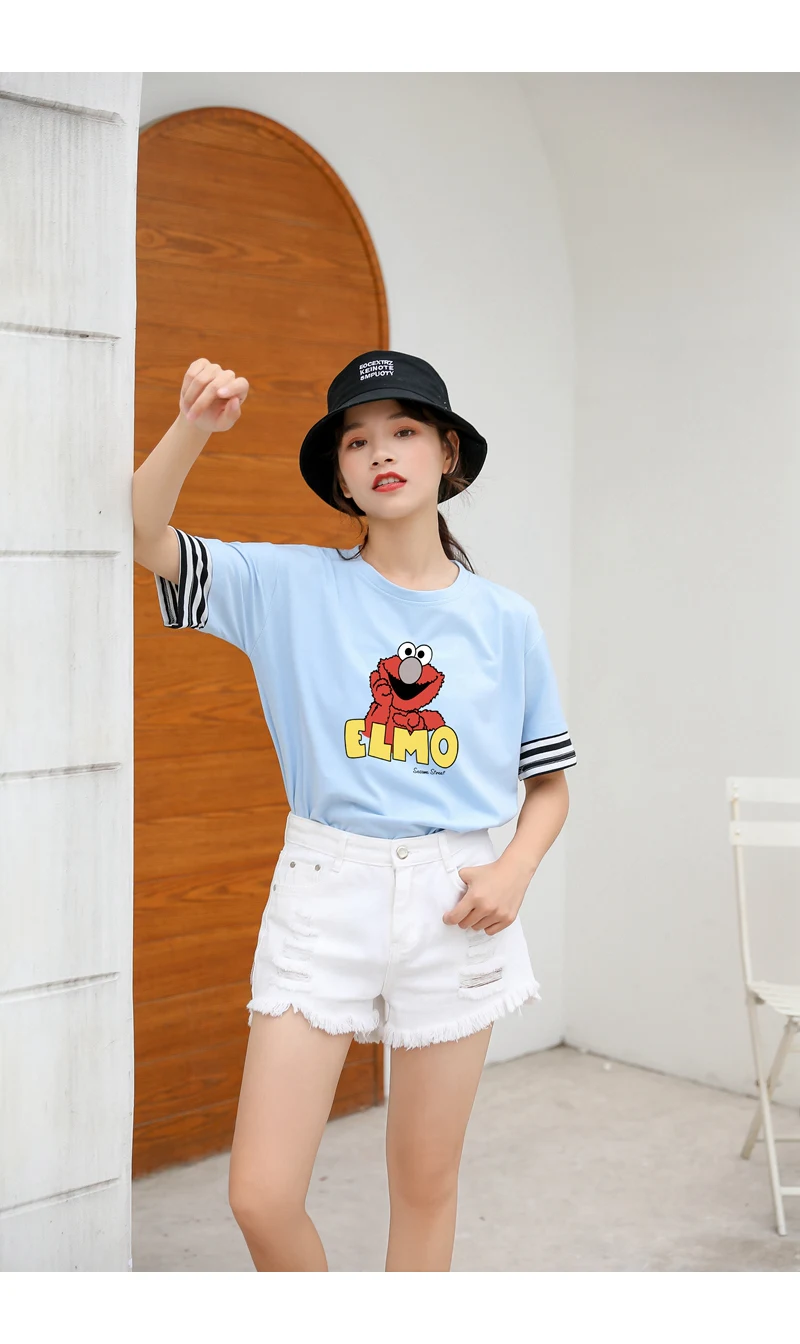 New Cotton Harajuku Kawaii T Shirt Lovely Funny Sesame Street Elmo Cartoon Print Strpied Spliced Tops Tee Shirt Femme Streetwear (14)