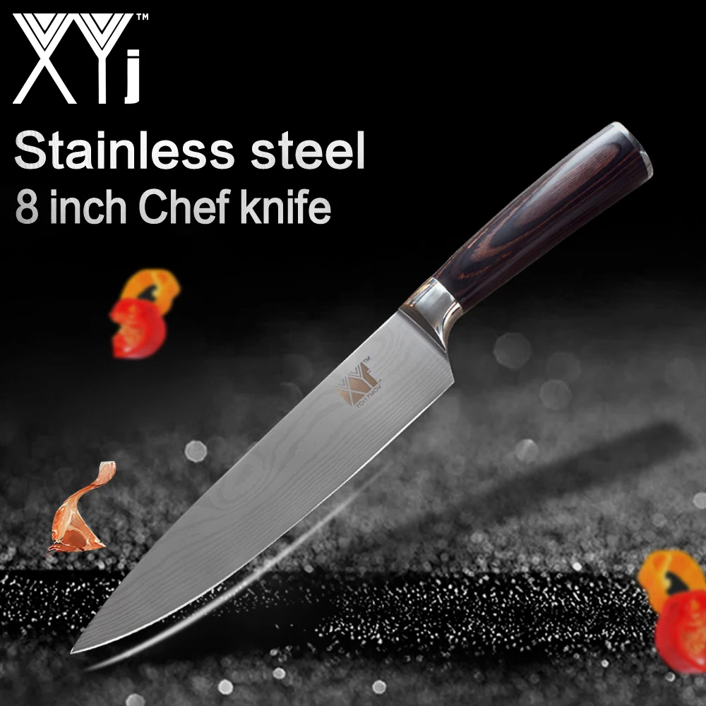 XYj кухонные ножи 8 дюймов 7Cr17 нож шеф-повара из нержавеющей стали резак для замороженного мяса с цветной деревянной ручкой ультра-тонкие лезвия инструменты для приготовления пищи