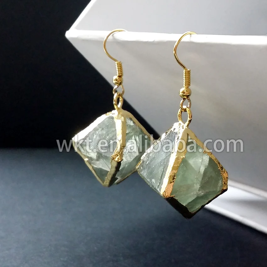 

WT-E080 Wholesale handmake raw rainbow fluorite earrings Polyhedron 24K gold trim stone earrings