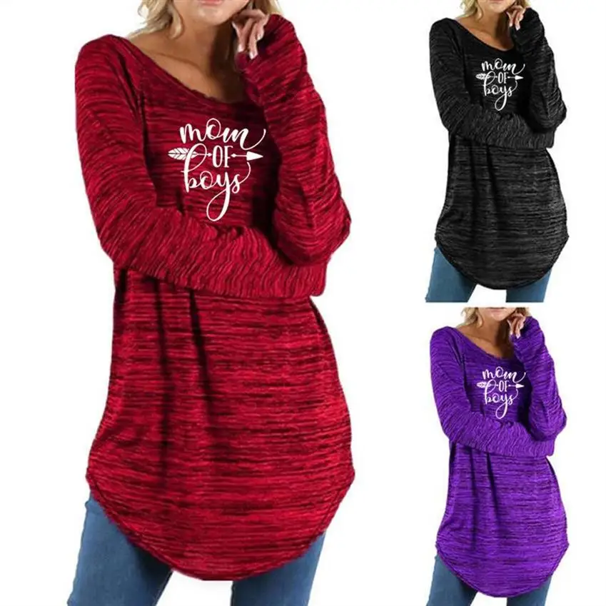 

2019 New Fashion Round Neck Irregular Long Sleeve Mom Of Boys Letters Print T-Shirt For Women Tshirt T-Shirt Women Top Harajuku