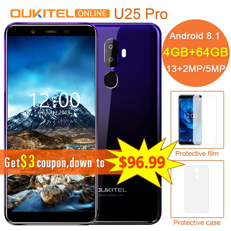 

Oukitel U25 pro 5.5"2.5D Incell Display 4GB 64GB Android 8.1 MTK6750T Octa Core Mobile Phone 13MP+2MP/5MP Fingerprint Smartphone