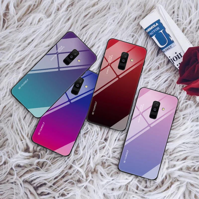 2019 Gradient Glass Phone Case For Samsung A6 A6plus 2018 cover 9H Tempered glass for samsung J8 A9 Star lite |