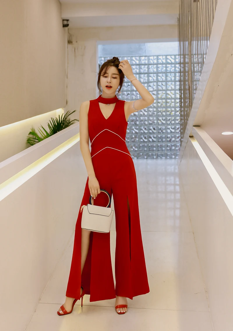 2019 Summer Red Jumpsuit for Women Full Length Chiffon Front Cut Hollow Out V-neck High Street Wide Leg Jumpsuits 2019 Summer Red Jumpsuit for Women Full Length Chiffon Front Cut Hollow Out V-neck High Street Wide Leg Jumpsuits