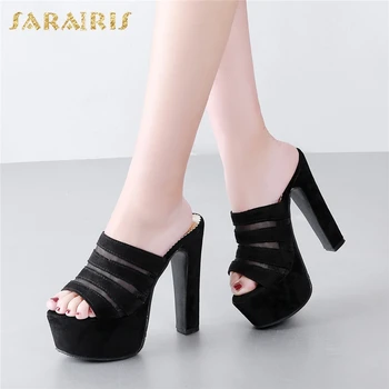 

SARAIRIS 2018 Brand New Platform Plus Size 31-48 Party Shoes Woman Sandals Sexy High Heels Flock women's Mules Pumps