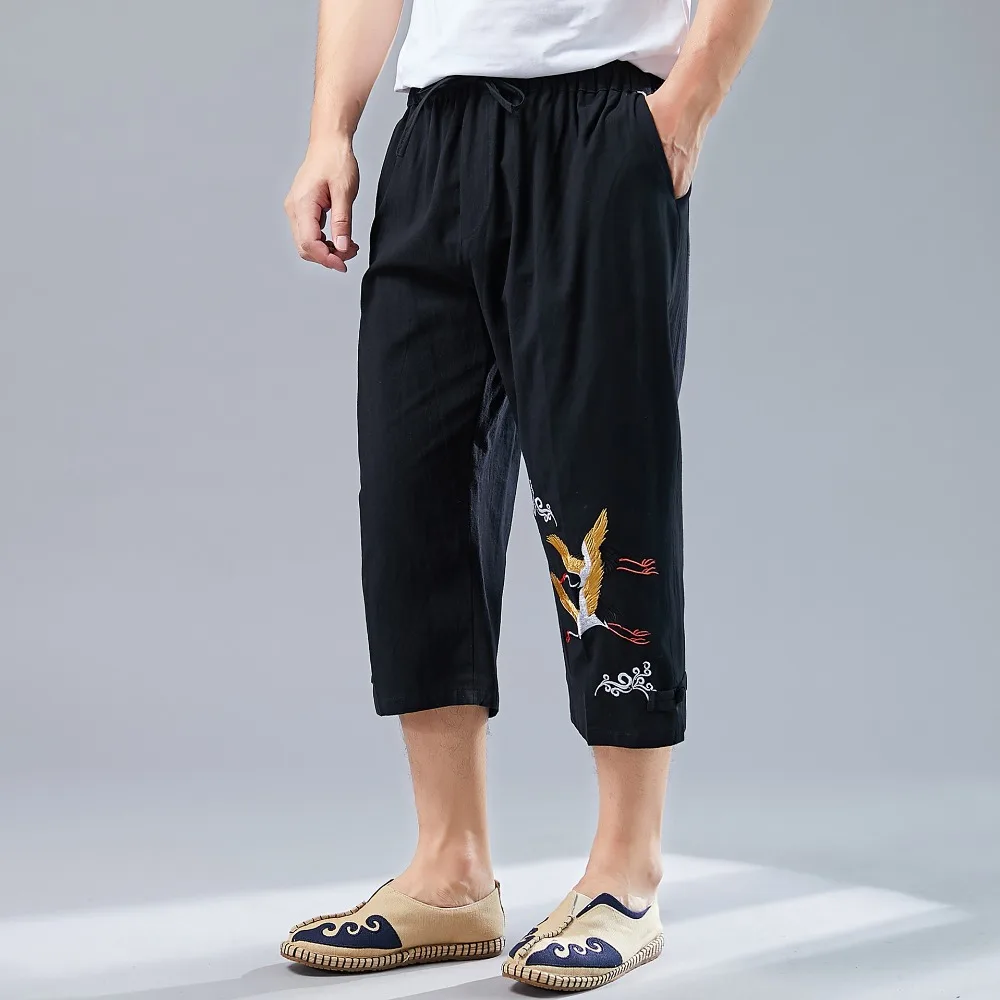 LZJN Men’s Summer 34 Pants Casual Cotton Linen Elastic Waistband Wide Leg Capri Short Bermuda Embroidery Beach Playa Hombre (16)