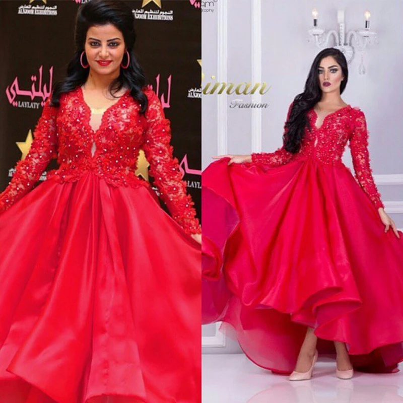 

Free Shipping High Front and Low Back Prom Dresses Appliques/Beads Organza Long Transparent Sleeve Sheer Evening Dress Red 2015