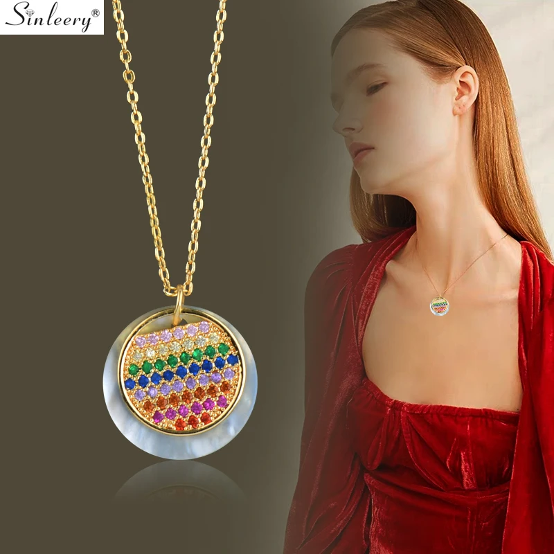 

SINLEERY Charm Rainbow Color Crystal Necklace Rose Gold Silver Color Chain Round Shell Pendant Necklace Jewelry XL597 SSB