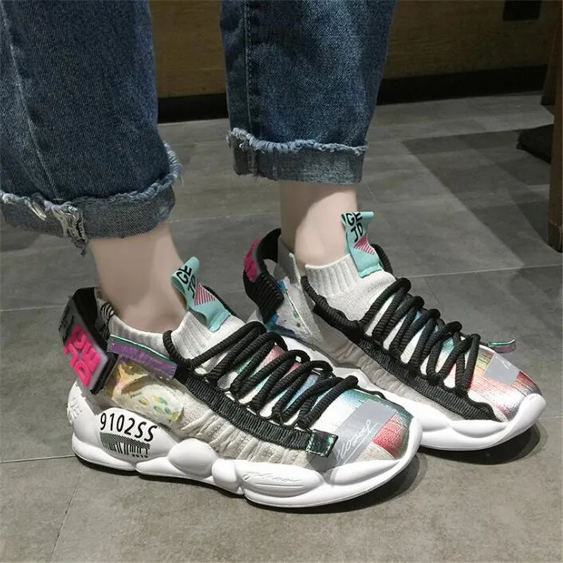 

2019 summer sneakers high quality fashion women platform chunky sneakers lace-up stretch fabic women shoes