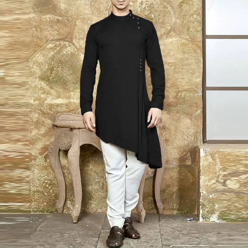 Chic Islamic Suit Dress Men Shirt Long Sleeve Muslim Asymmetric Hem Kaftan Aaudi Arabia Indian Men Tops Clothing Robe