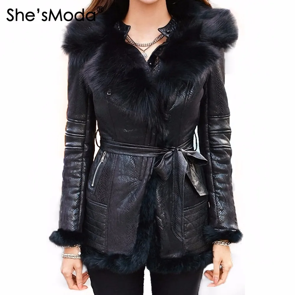 Женская куртка на молнии She'sModa длинная флисовая с натуральным лисьим мехом и