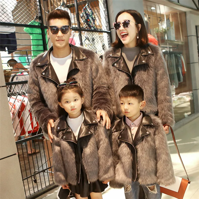 

Brand ChanJoyCC Hot Sale Family Matching Outfits Parents Child's Solid long sleeve Warm Outerwear& Coats Casual Fur cotton100%