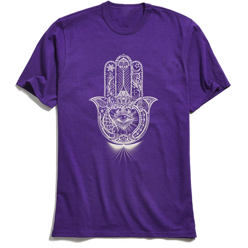 Hamsa - Hand of Fatima Short Sleeve Tops Tees Summer O Neck 100% Cotton Fabric Men Top T-shirts Summer Tops Tees Prevalent Hamsa - Hand of Fatima purple