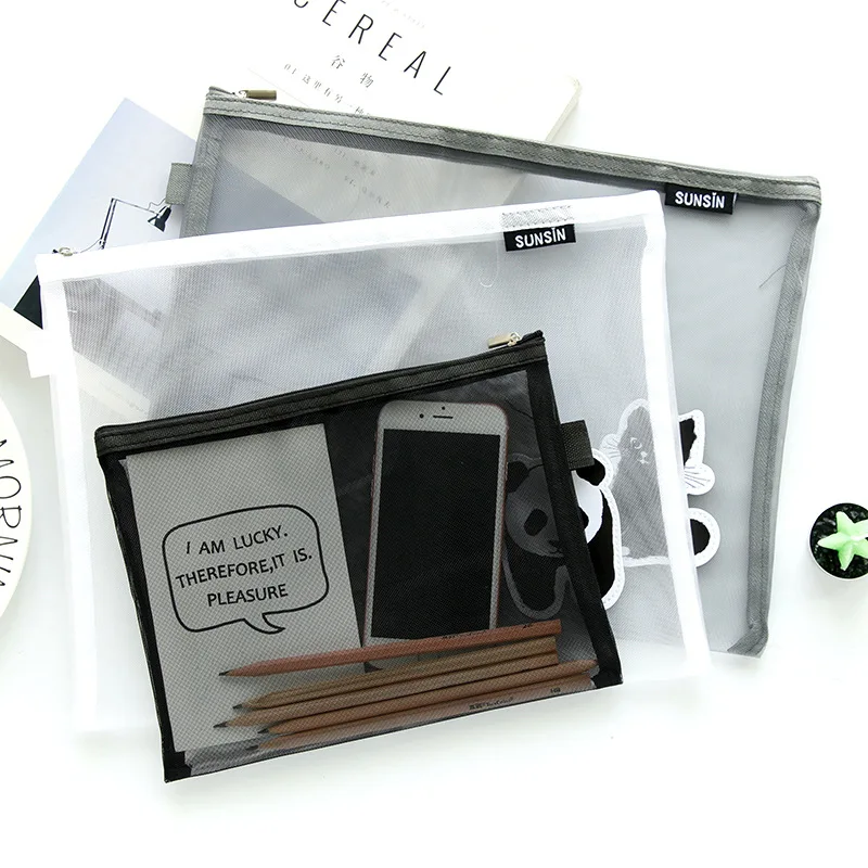 1pcs Korean Stationery Bag Transparent Grid Zipper Bag Office Kit