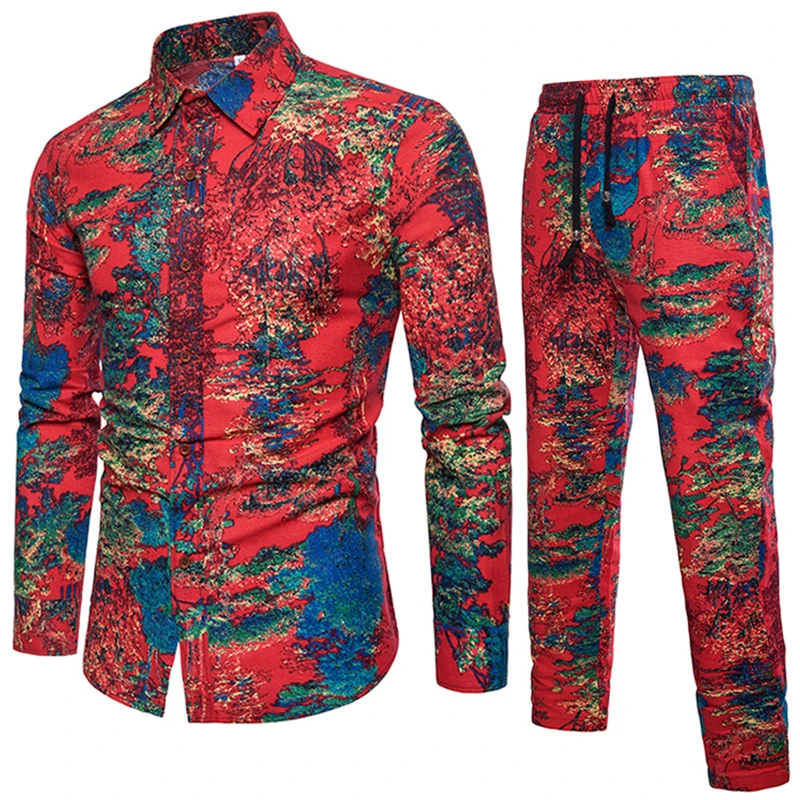 

New Fashion Thin Men's Set Shirt and Pants Full Length Casual Shirt Suit 3d Printed Male Wear Men Set Plus Size