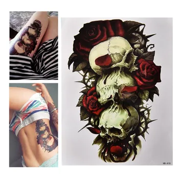 

Waterproof Temporary Tattoo Rose Clock Jewel Death Pirate Skull Stickers For Man Woman Arm Body Art Skin Decor