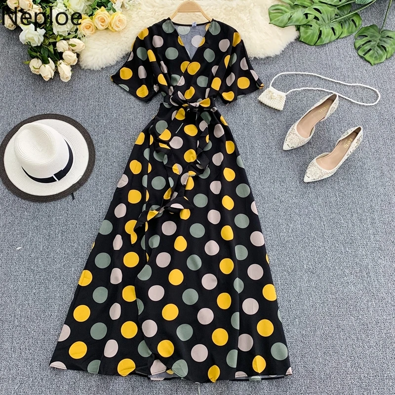 

Neploe Polka Dot Print Women Dress Summer 2019 Fashion V-Neck Short Sleeve Robe Chiffon High Waist A-Line Vestidos 45019