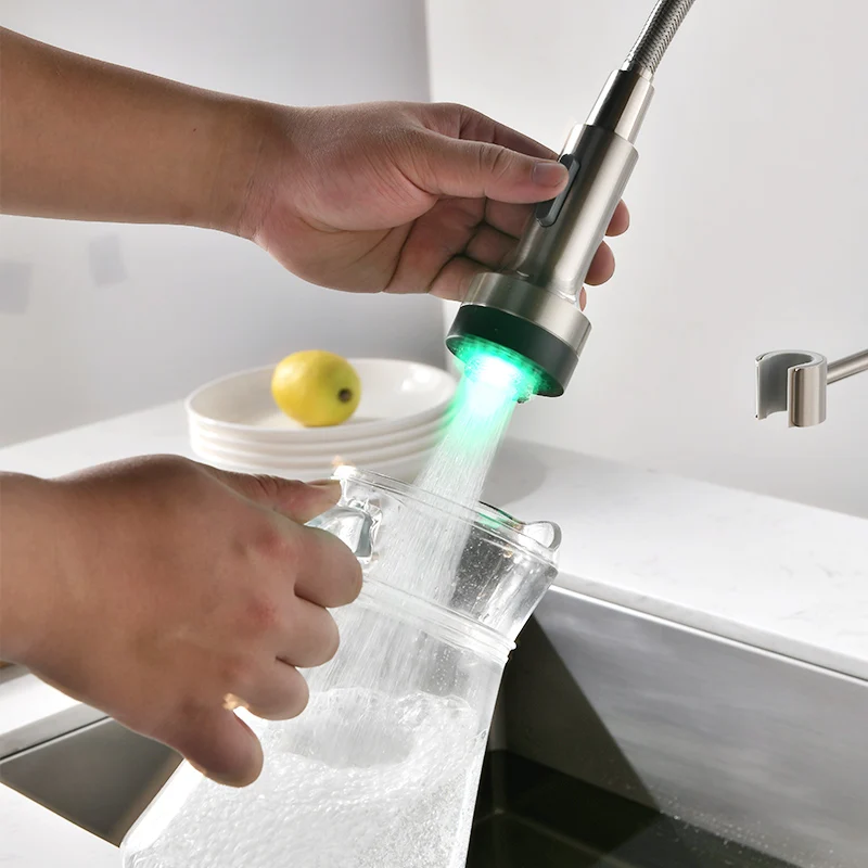 Fapully Kitchen Faucet LED Light Deck Mounted Brushed Spring Pull Down Dual Spray Spout Hot and Cold Water Kitchen Mixer Tap