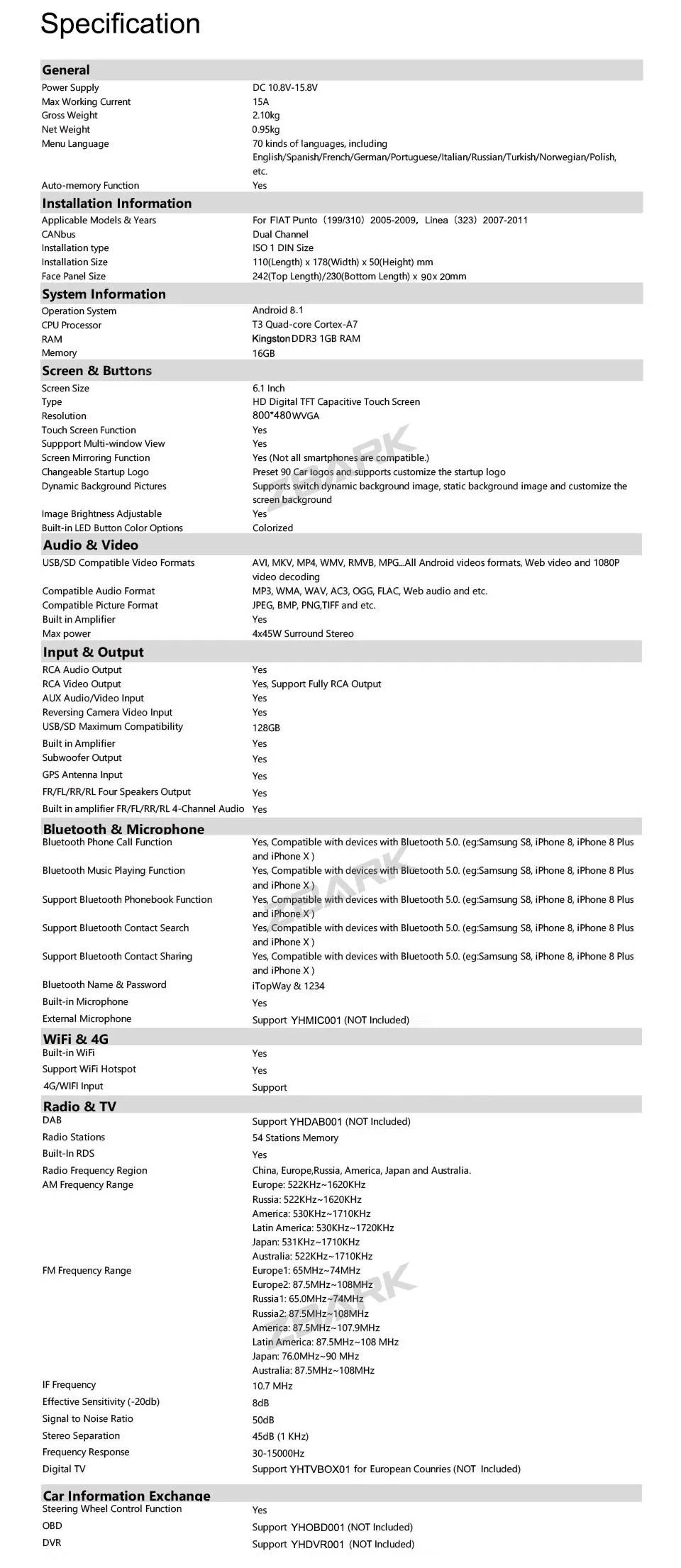 Best 6.1 inch HD Digital  Car Stereo GPS Android 8.1 for FIAT Grande Punto 199/310 2005-2009 Linea 323 2007-2011 YHTPD3L 24