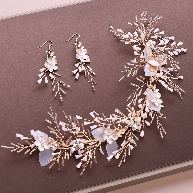 

Gold Crystal Headbands Earrings Set Handmade Flower Hairband With Clip Earring Butterfly Women Bridal Wedding Hair Accessories