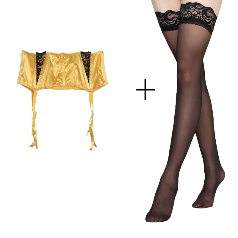 Buy Women Sexy Garters Lace Yellow Fishbone Garter Belts with Black stockings