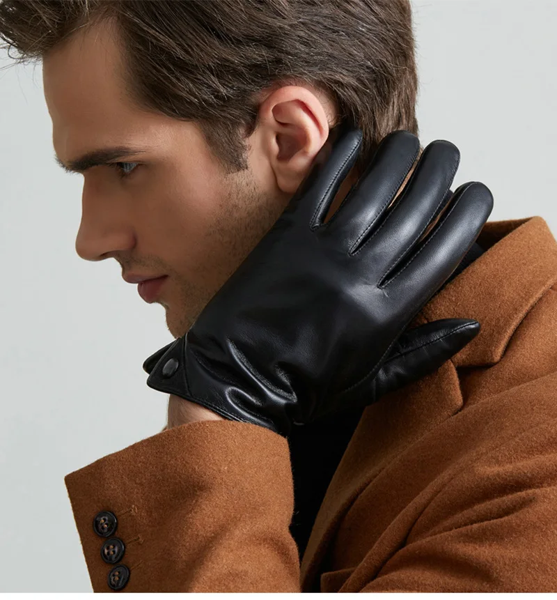 Men's Fashion Genuine Leather Gloves Thin/ Thick Plush Winter Warm Sheepskin Full Finger Touch Screen Driving Gloves Mittens L75