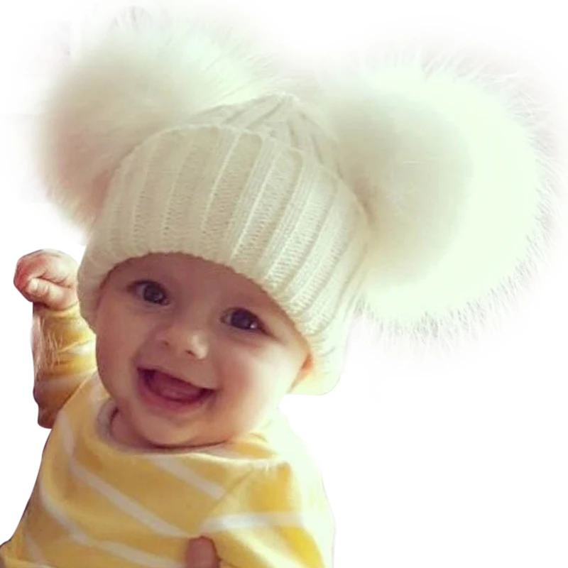 Cute Baby Winter Hats Double Fur Pom Pom Girl Boy Children