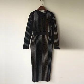 

New Fashion Women's Bandage Dress Black Diamonds Celebrity Party Bodycon Dresses O-Neck Long Sleeve Evening Spring Dress Vestido