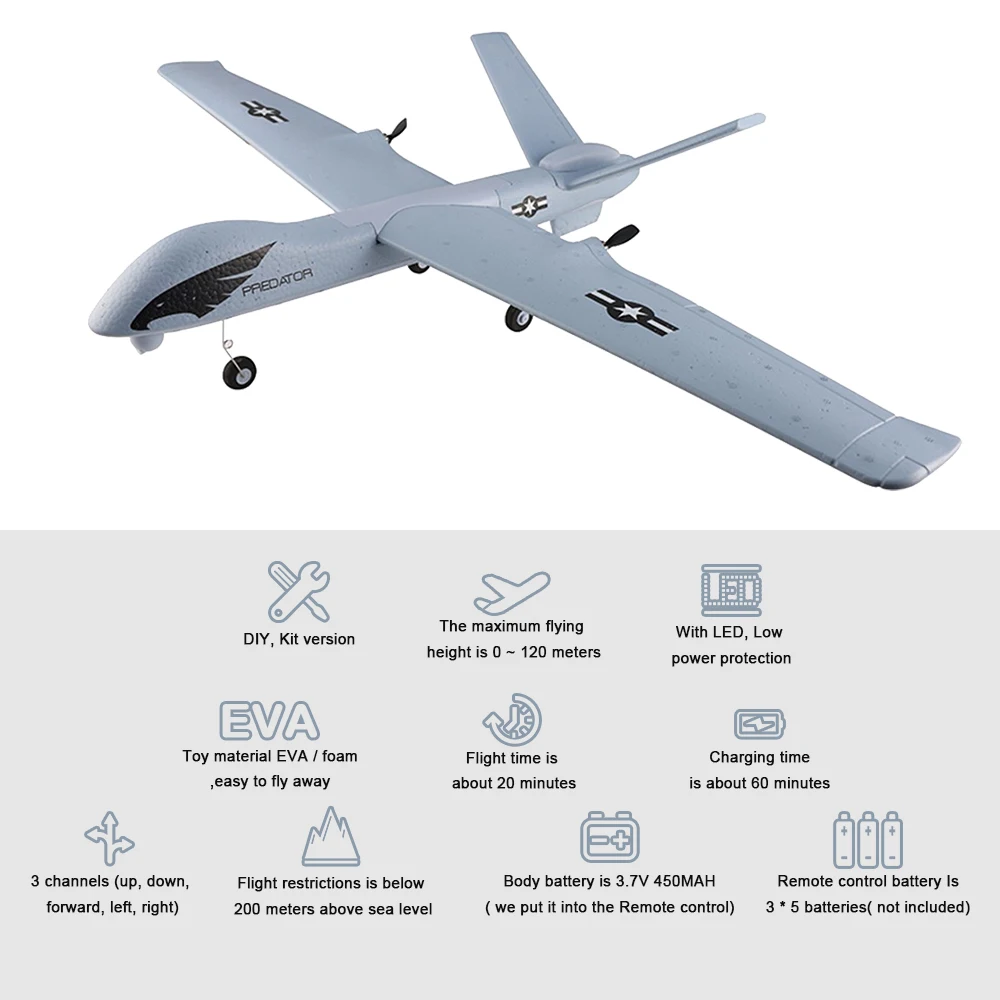 RC Airplane Plane 20 Minutes Fligt Time 150M Gliders 2.4G Flying Model with LED Hand Throwing Wingspan Foam Plan Toys Kids Gift