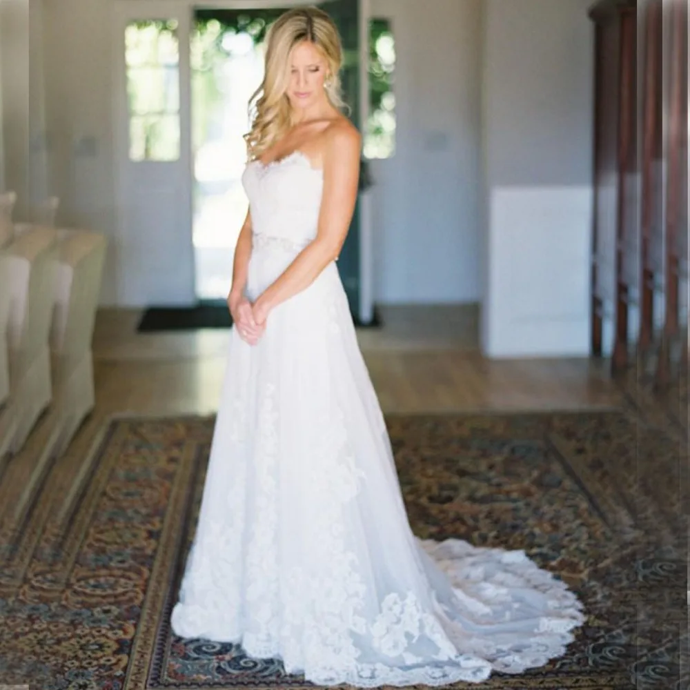 Simple Modest Wedding Dress 2015 Sweetheart Low Back Champagne Sash A