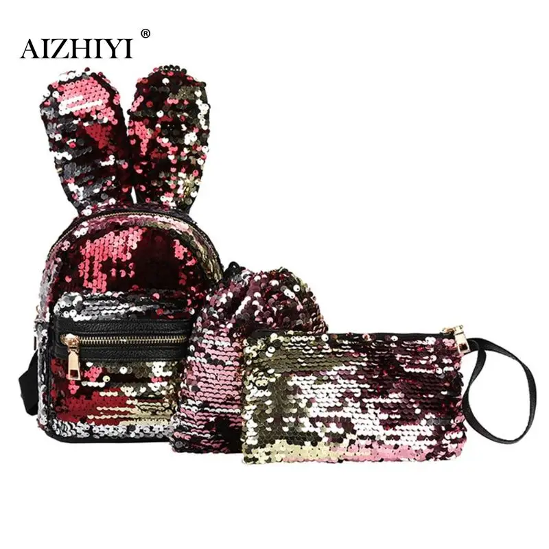 3pcs Set Women Rabbit Ears Sequins Mini Backpack Sequins Bags for Girls Teenage Shoulder School Backpack