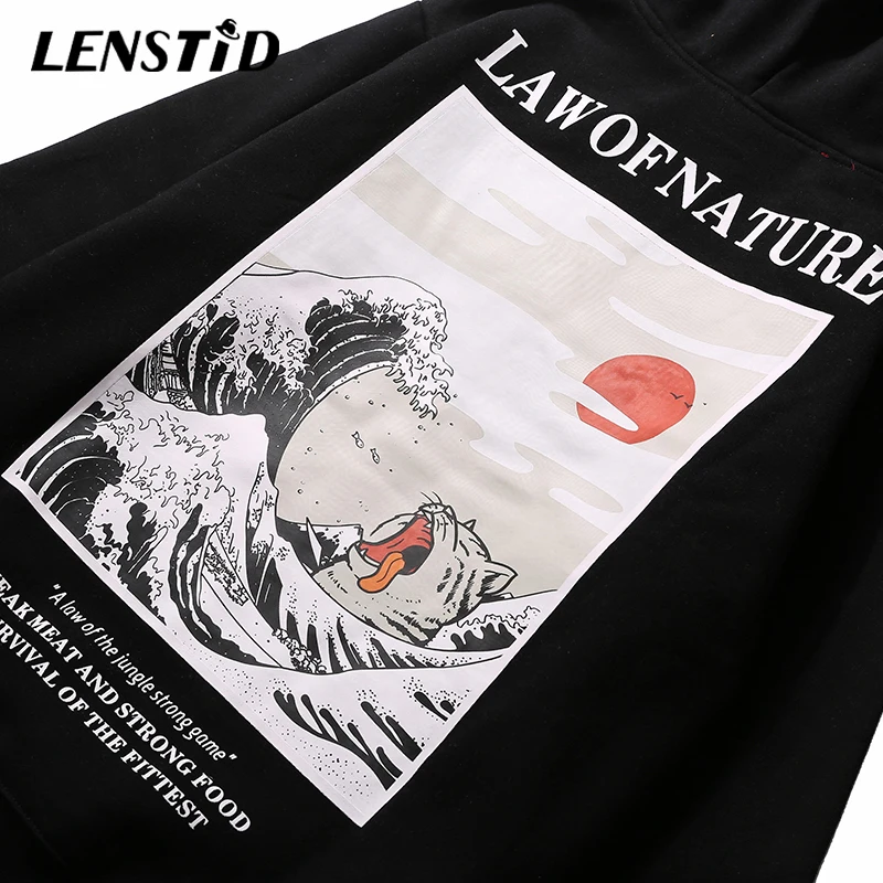 LENSTID 2019 Осень Harajuku вышивка забавный кот волна пуловеры c капюшоном принтом в