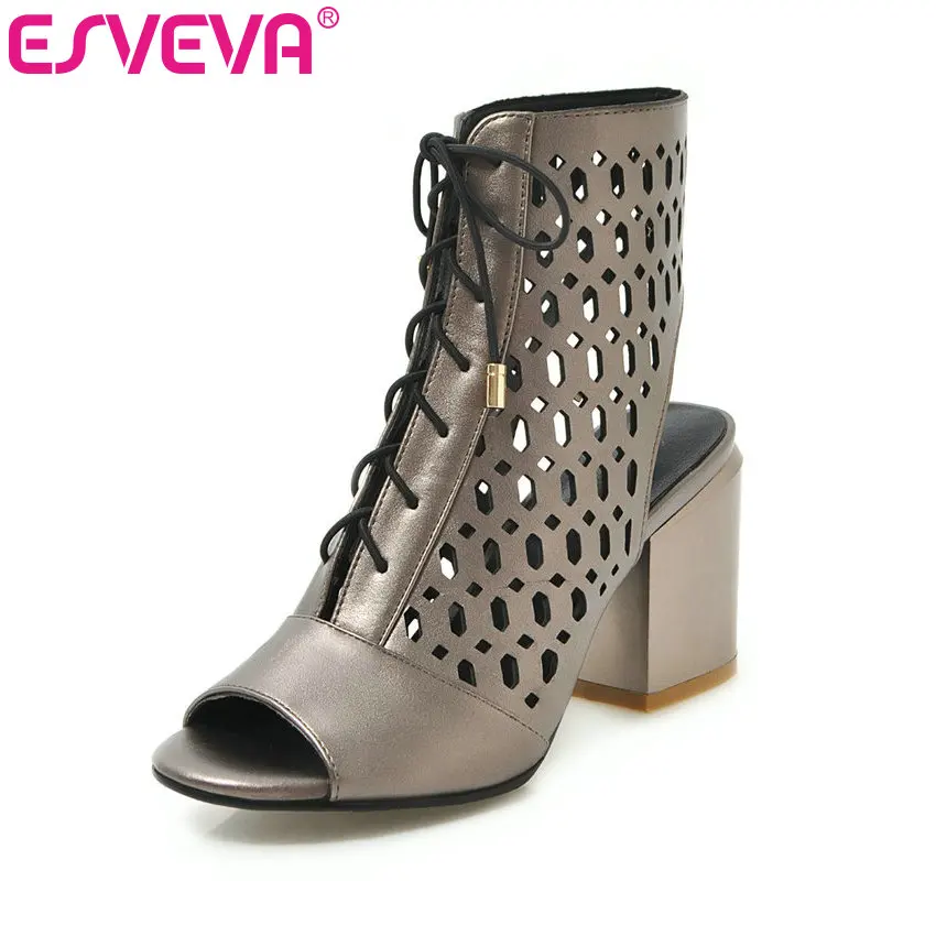 

ESVEVA 2019 Women Sandals PU Leather Square High Heel Peep Toe Slingback Lace Up Cut Outs Silver Fashion All Match Size 34-43