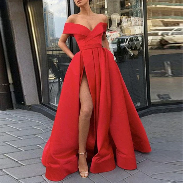 

Elegant Off the Shoulder Red Party Gown Satin Sexy Prom Dress Sky Blue High Slit Plus Size Prom Dresses 2019 Long vestido fiesta