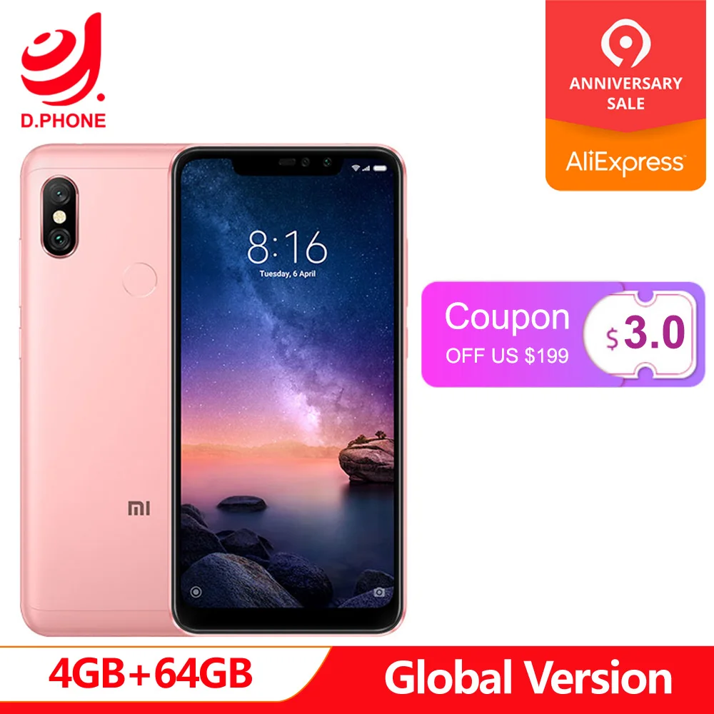 

Original Global Version Xiaomi Redmi Note 6 4GB RAM 64GB ROM Snapdragon 636 6.26" Notch Full Screen Dual Camera 4000mAh Phone