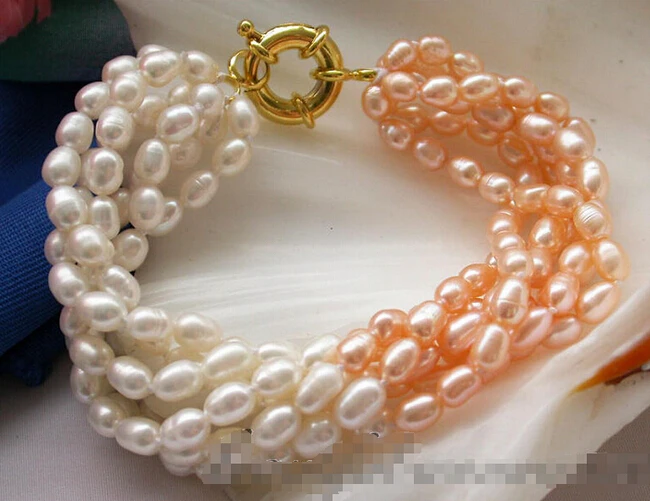 

Hot sell 6row 8" 9mm pink white rice freshwater cultured pearl bracelet -Bridal jewelry free shipping