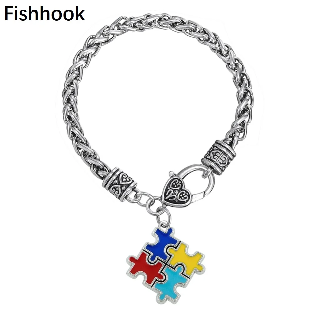 

Fishhook Bracelets & Bangles Zinc alloy Enamel Autism Awareness Puzzle Piece Autistic charm bracelet Trendy link chain bracelet