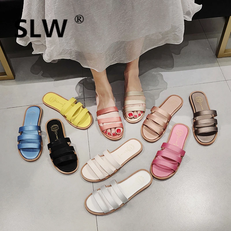 

Shoes Without Heel Slides Lady Socofy Women's Slippers 2019 Flat Sliders Baby Soft Luxury New Narrow Band Fashion